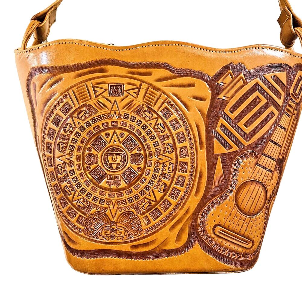 Hand Tooled Tan Leather Bag Purse 1970's Mexico Aztec Mayan Vintage Shoulderbag